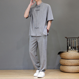 夏季风天丝亚麻唐装短袖茶服大码套装A118-TZ2502P165控228，男装休闲套装，电商A118