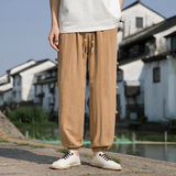 春夏风亚麻休闲裤青年宽松盘扣新中式束脚长裤男A118-K300P75，男装休闲裤，电商A118