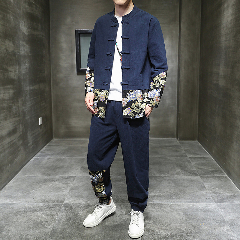 春季风男装中式复古唐装汉服棉麻亚麻两件套A118-TZ2022-P95，男装休闲套装，电商A118