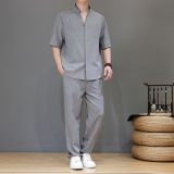 夏季风亚麻天丝高端唐装短袖套装茶服男A118-TZ2503P165控228，男装休闲套装，电商A118