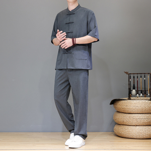 夏季新中式男士唐装天丝亚麻中山装复古套装A118-TZ2501P165控228图片