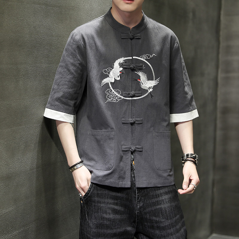 夏季风男装短袖刺绣复古衬衫唐装汉服大码衬衣A118-C701P60图片