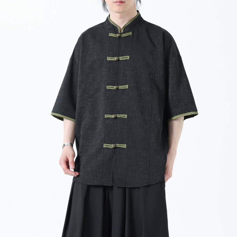 夏季风男装短袖衬衫新中式唐装冰丝提花汉服A118-C27P65控88,男装T恤,电商A118