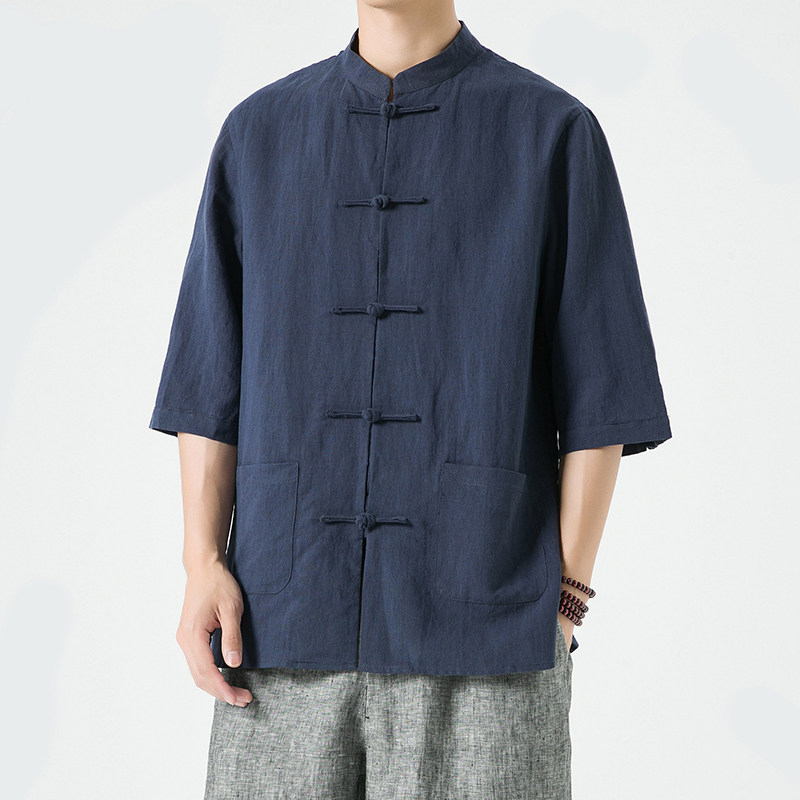 夏季风中式男装亚麻棉麻唐装汉服五分袖复古衬衫A118-C803P80，男装衬衫，电商A118