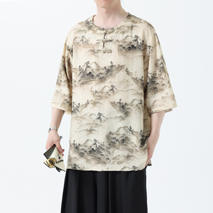 夏季风冰丝短袖新中式汉服印花半袖T恤男A118-T501P60控78,汉服搭配蝴蝶结图片