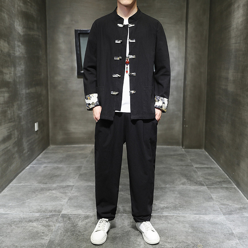 春季风棉麻拼花大码盘扣套装男衬衫两件套A118-TZ2023-P95，男装衬衫，电商A118