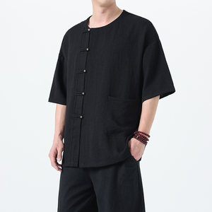 新中式夏季唐装男装复古短袖圆领铜扣大码T恤A118-T008P70控99图片