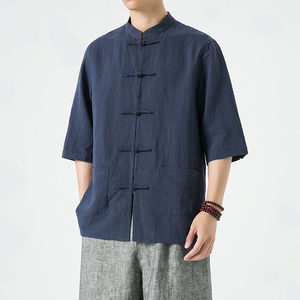 夏季风中式男装亚麻棉麻唐装汉服五分袖复古衬衫A118-C803P80图片
