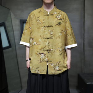 夏季风短袖衬衫唐装汉服中式复古大码印花衬衣男A118-C18P65,高冷女生穿搭18岁图片