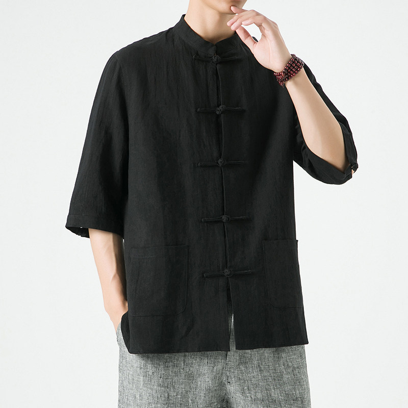 新中式男装风亚麻唐装夏季五分袖棉麻汉服男DS-A118-C803-P80,男装T恤,电商A118