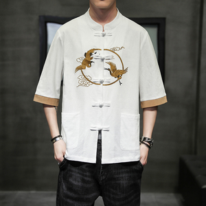 夏季风新中式唐装棉麻刺绣复古短袖大码衬衫男A118-C701P60图片