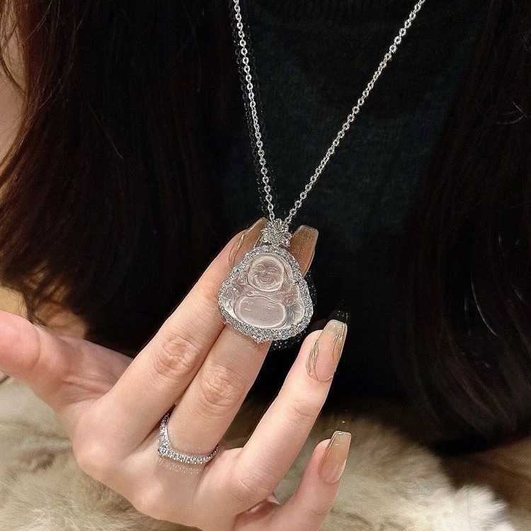 批发冰种白玉髓佛公吊坠网红款弥勒佛玉石白玛瑙项链挂件直播货源