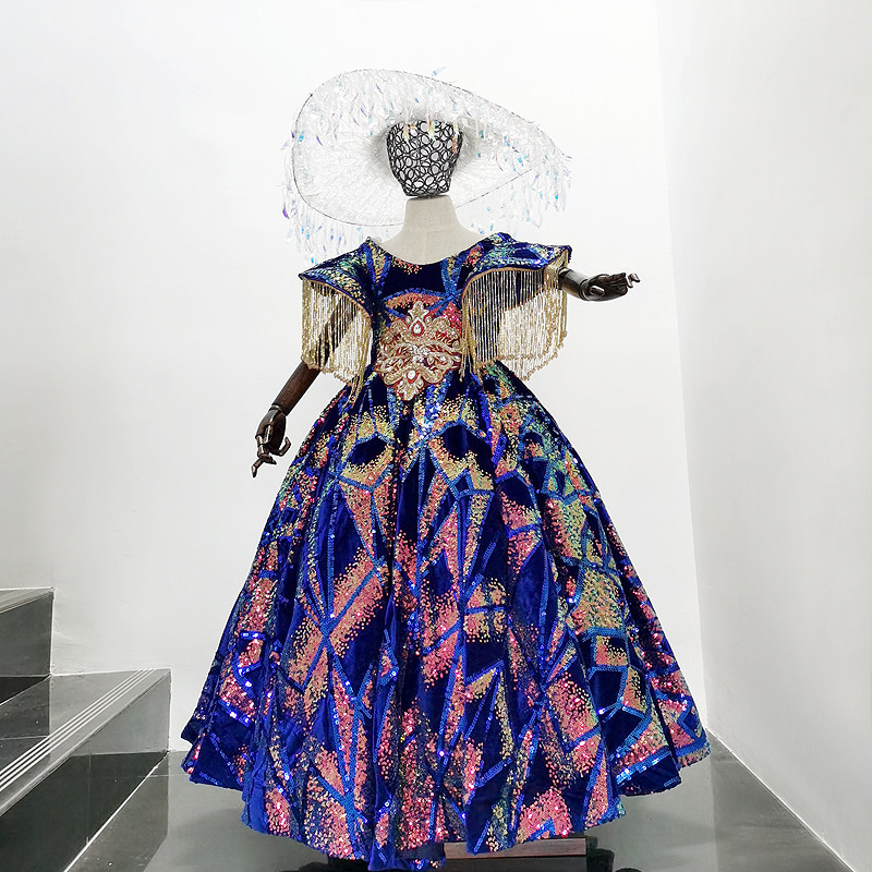 女童礼服出租蓝色梦幻长裙租赁童模走秀十二星座星空流苏长裙n193