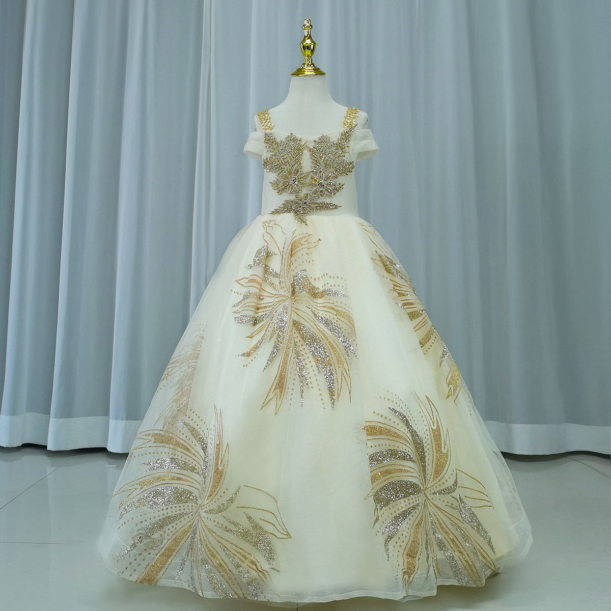 出租儿童钢琴比赛香槟色轻奢演出服女童春晚主持高端拖尾闪亮礼服