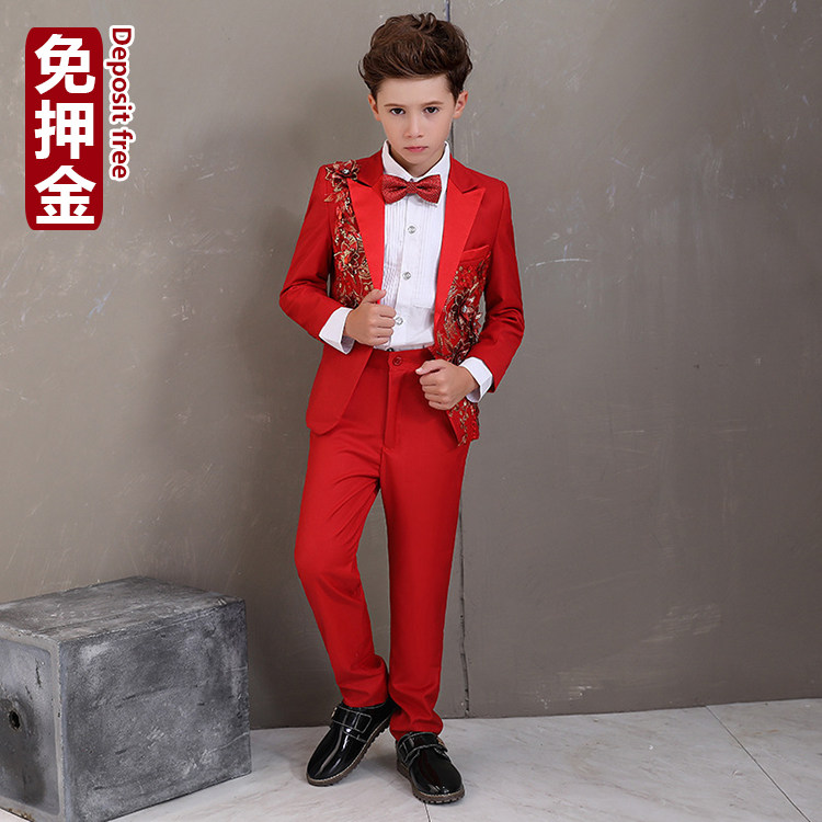 出租儿童礼服男童主持红色亮片礼服租赁男孩钢琴演出高端服装2024