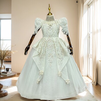 租赁儿童高端重工气质礼服裙白色出租女童走秀主持弹琴庆典演出服