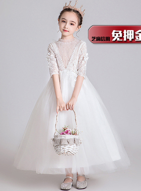 女童白婚纱裙出租女孩子花童公主裙白色长袖欧式端庄礼服租赁NL37