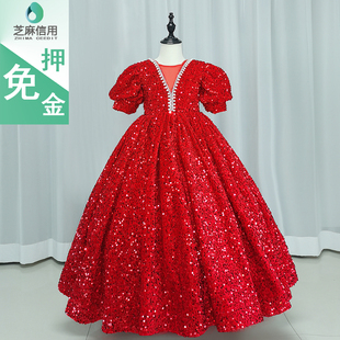 儿童主持晚会礼服出租女童华丽闪亮高端齐地长裙租赁弹琴亮丽华服