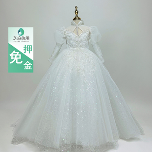 租赁儿童礼服秋冬女童生日高端长袖拖尾白纱裙弹琴主持中式演出服