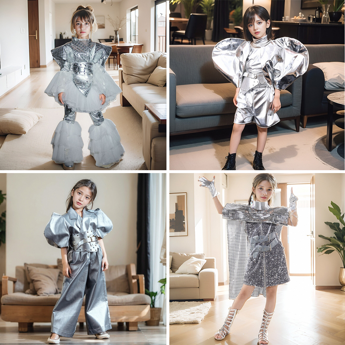 租赁儿童礼服女童T台走秀银色科技风潮服出租少儿模特战队服酷新