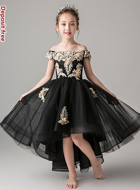 出租儿童超模比赛时尚黑色晚礼服租赁胖女孩一字肩洋气飘纱裙N141