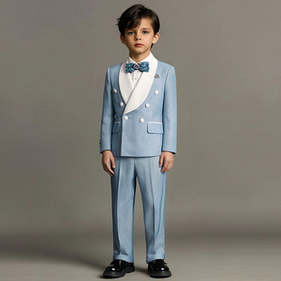 出租儿童钢琴演出深邃梦幻演出西服男童春晚主持蓝色闪亮高端西装