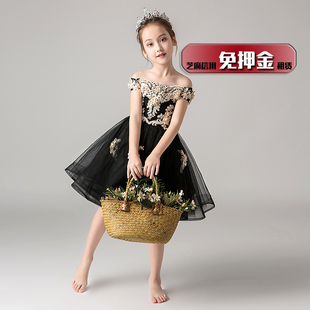 出租女童黑色时尚一字肩短款礼服女孩走秀歌唱朗诵短纱裙租赁N133