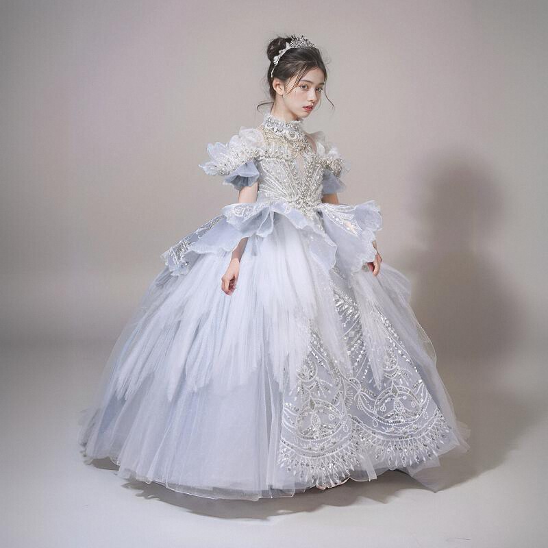 租赁儿童10岁生日礼服高端重工女童主持弹琴走秀高档拖尾演出服装