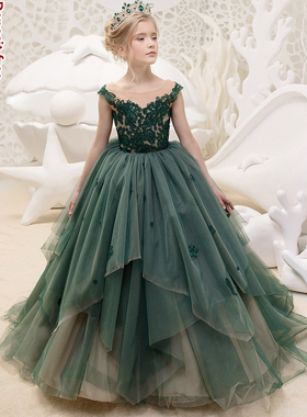 出租女童主持弹琴晚礼服女孩模特走秀绿色小拖尾高端纯色欧式纱裙