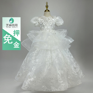租赁儿童礼服女童主持弹钢琴高端闪亮齐地公主裙花童白色华丽纱裙
