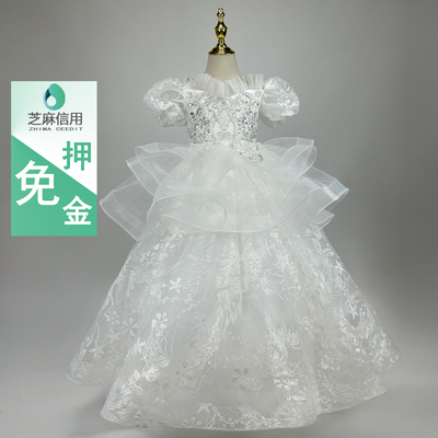 租赁儿童礼服女童主持弹钢琴高端闪亮齐地公主裙花童白色华丽纱裙