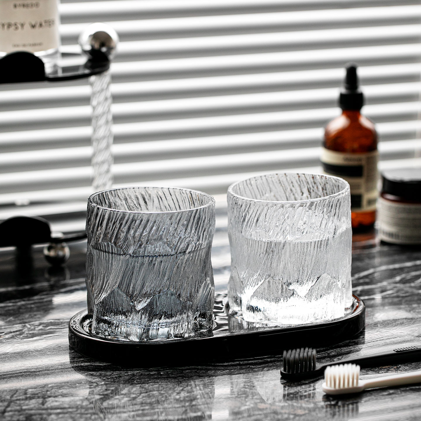 诧寂风冰川纹玻璃漱口杯酒店民宿复古洗漱杯刷牙杯牙缸杯托盘套装