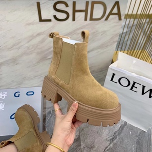 2023早秋新款 厚底松糕真皮磨砂皮马丁靴粗跟英伦风套筒炸街短靴女