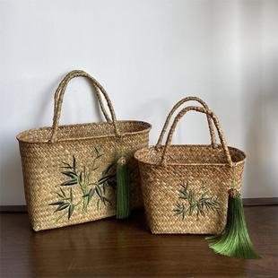 传统手工海草刺绣编织礼盒创意茶叶篮端午节伴手礼手提篮 复古中式