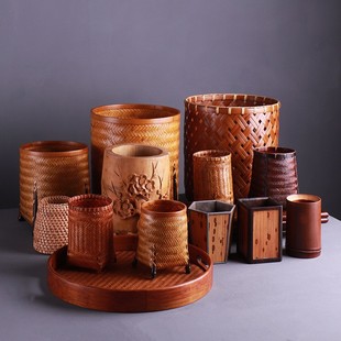 纯手工竹编茶筒桌面收纳筒茶室茶道竹器竹工艺品笔筒精编竹收纳筐