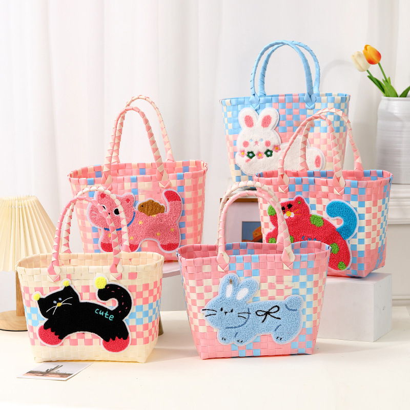 卡通猫猫刺绣编织菜篮子包手礼篮
