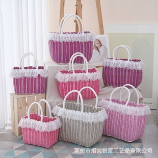 彩色塑料编织菜篮子包手提伴手礼礼品篮女士藤篮子洗澡篮收纳包