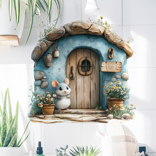 卡通可爱老鼠房子墙贴纸儿童房间幼儿园教室马桶贴画墙壁挡洞补丁