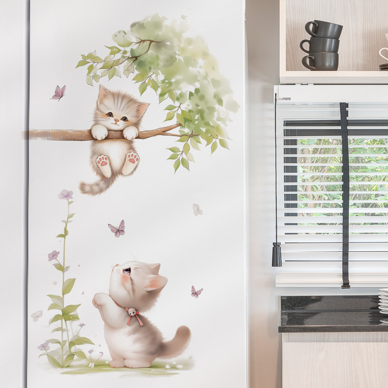 卡通可爱家猫咪枝头叶子墙壁贴纸宠物商店幼儿园教室儿童房动物,家居饰品,软装墙贴,淘宝优惠券,粉丝福利购,淘宝优惠卷