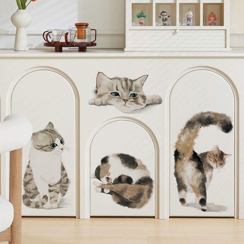 可爱猫咪手绘表情贴纸水彩墙壁贴画防水自粘宠物店墙面装饰布置图片
