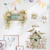 小清新简约绿色鸟巢门牌花朵植物墙贴纸自粘瓷砖房门贴画墙面装 饰