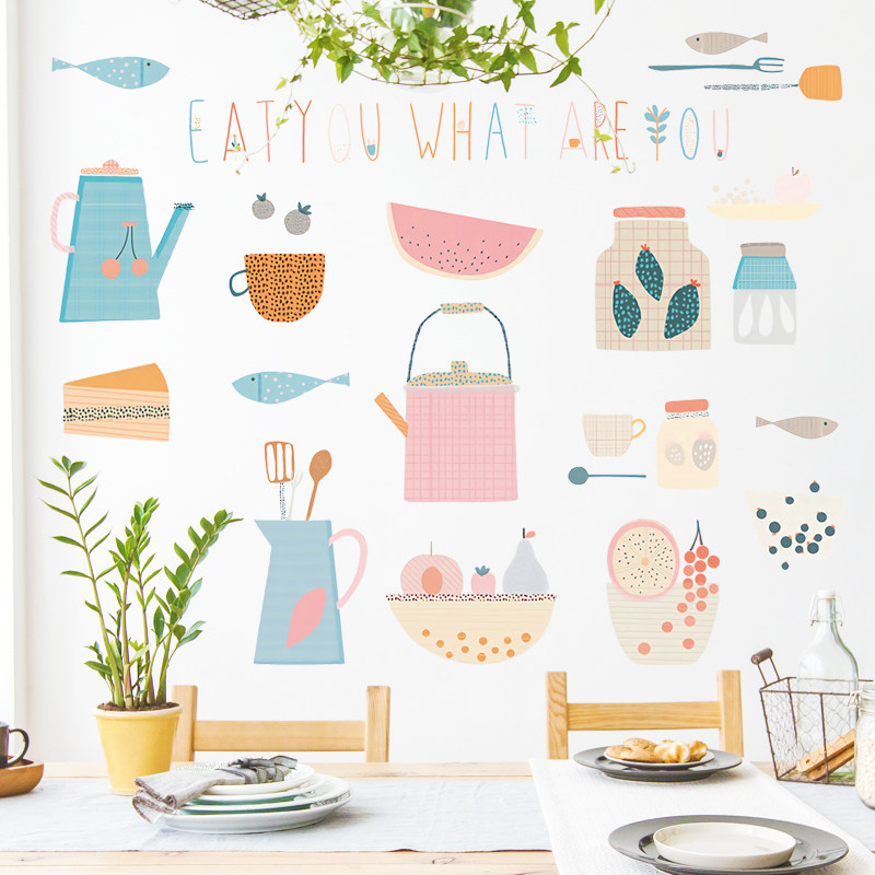 可移除墙贴纸厨房防水带胶贴花贴纸装饰厨具卡通清新可爱灶台瓷砖