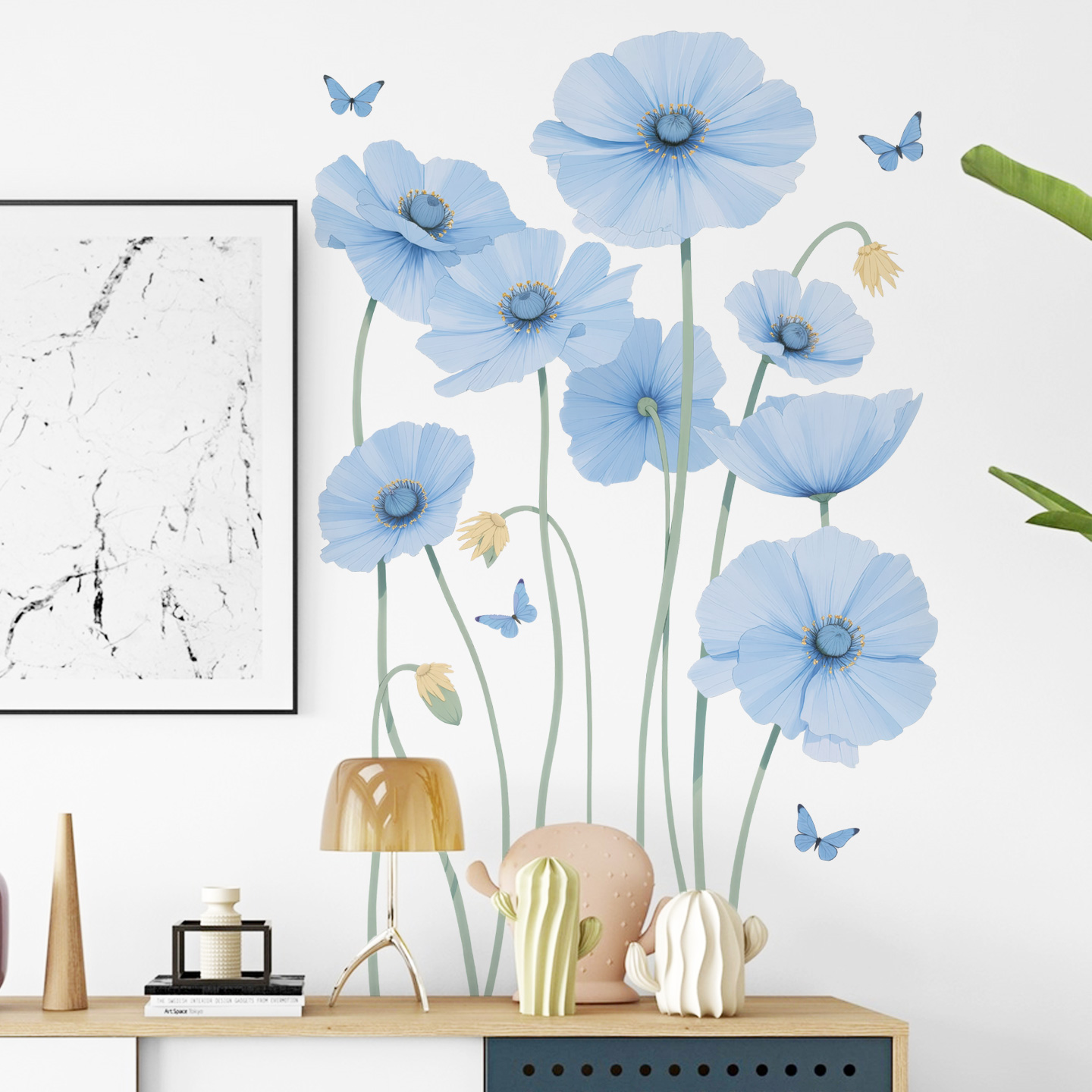 简约小清新植物蓝色花朵花树墙贴纸自粘踢脚线墙面装饰贴画布置