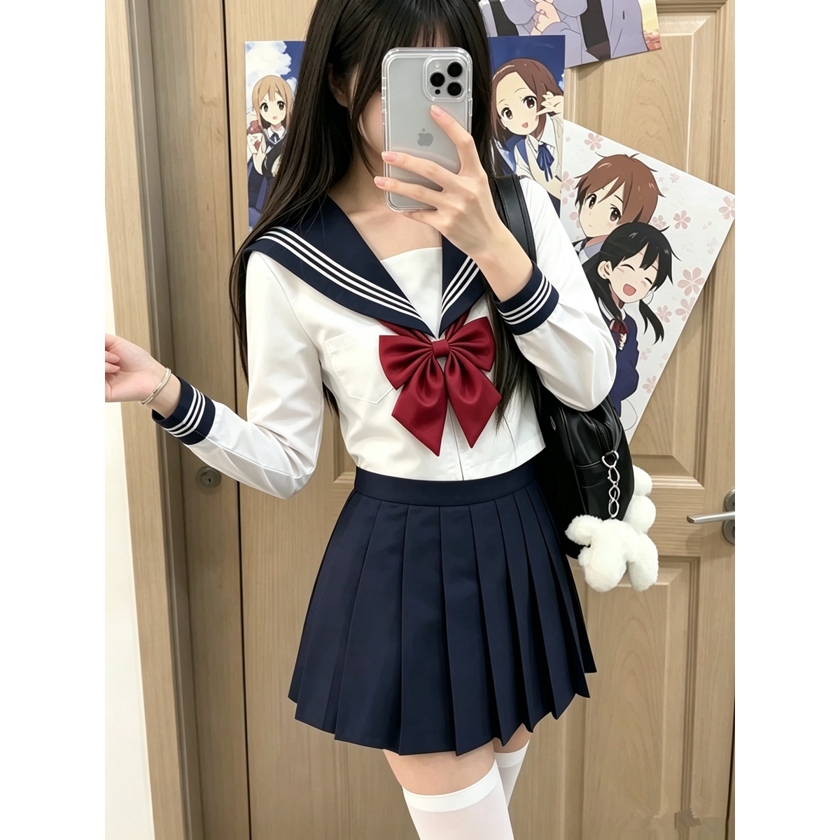 原创基础款白三本长袖水手服jk制服套装关西襟学院风校供感百褶裙