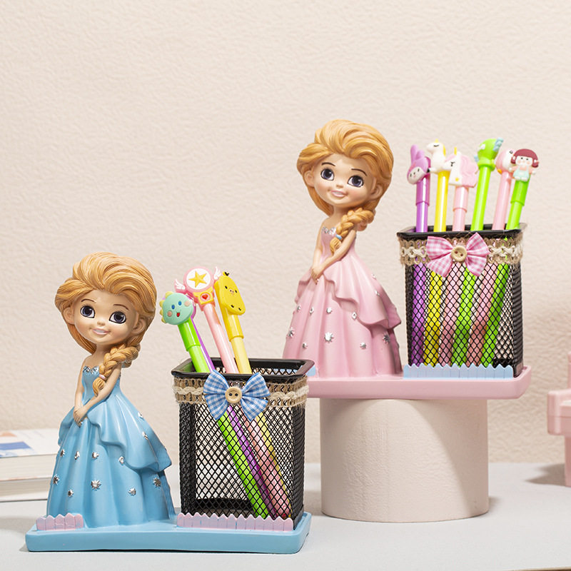 创意大容量卡通艾莎公主铁艺笔筒桌面收纳盒摆件女孩儿童生日礼物