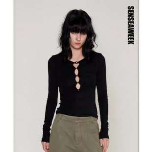 SENSEAWEEK26春季新品镂空层次感百搭修身上衣古银串珠打底衫