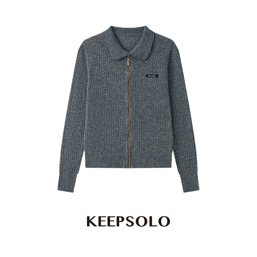 KeepSolo绵羊毛镂空拉链开衫