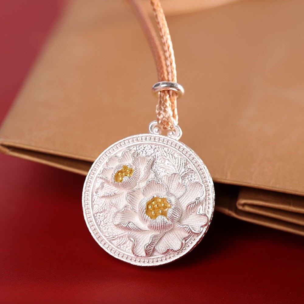 时尚足银999富贵牡丹花项链女长款国风中式纯银吊坠毛衣链礼物