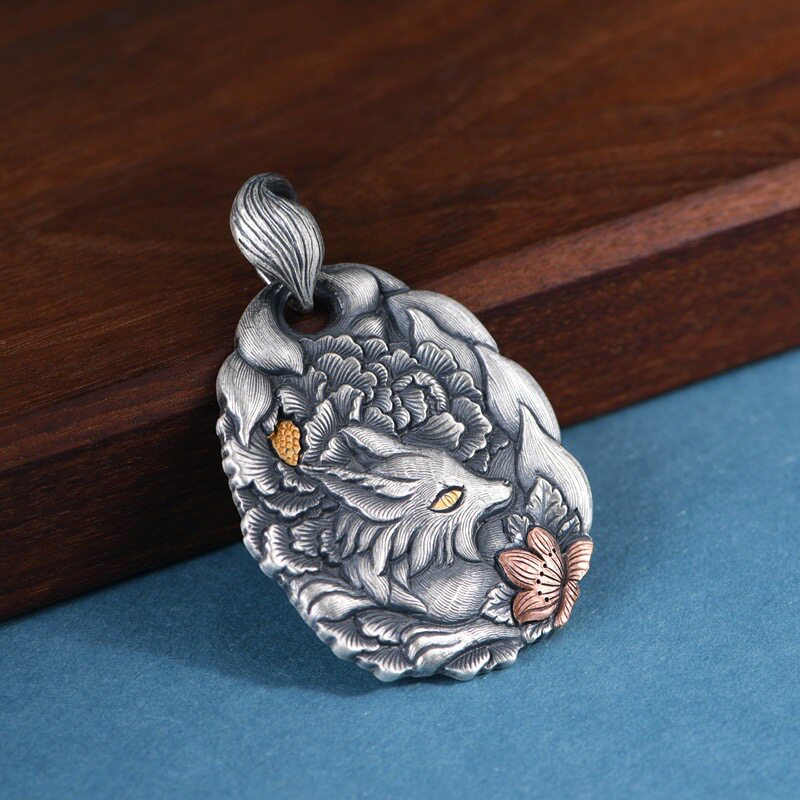 九尾灵狐足银999吊坠做旧民族风狐狸镶金纯银项链长款牡丹手工