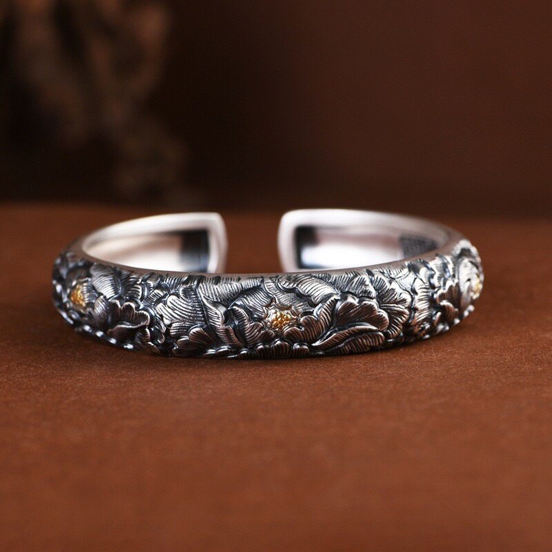 手工足银999牡丹花手镯女开口复古做旧民族风纯银镯子立体浮雕